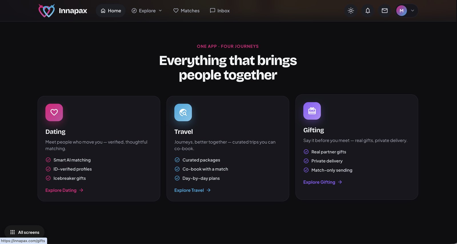 Innapax — Dating, Travel and Gifting sections