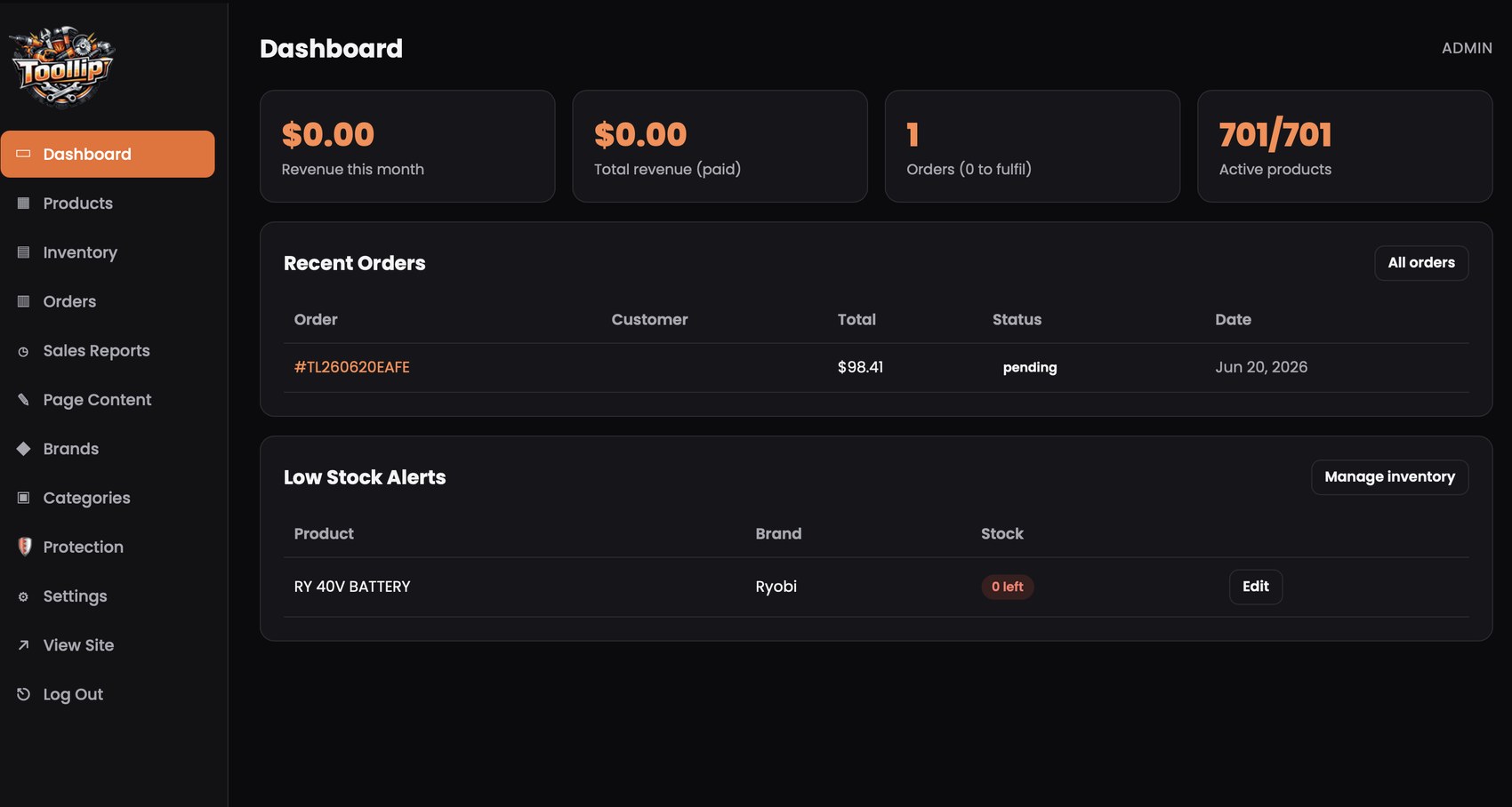 Toollip dashboard